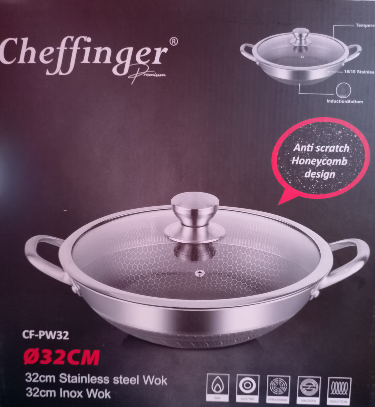 Wok Cheffinger 32 cm – Antiaderente Nido d'Ape per Induzione | Acciaio Inox 18/10