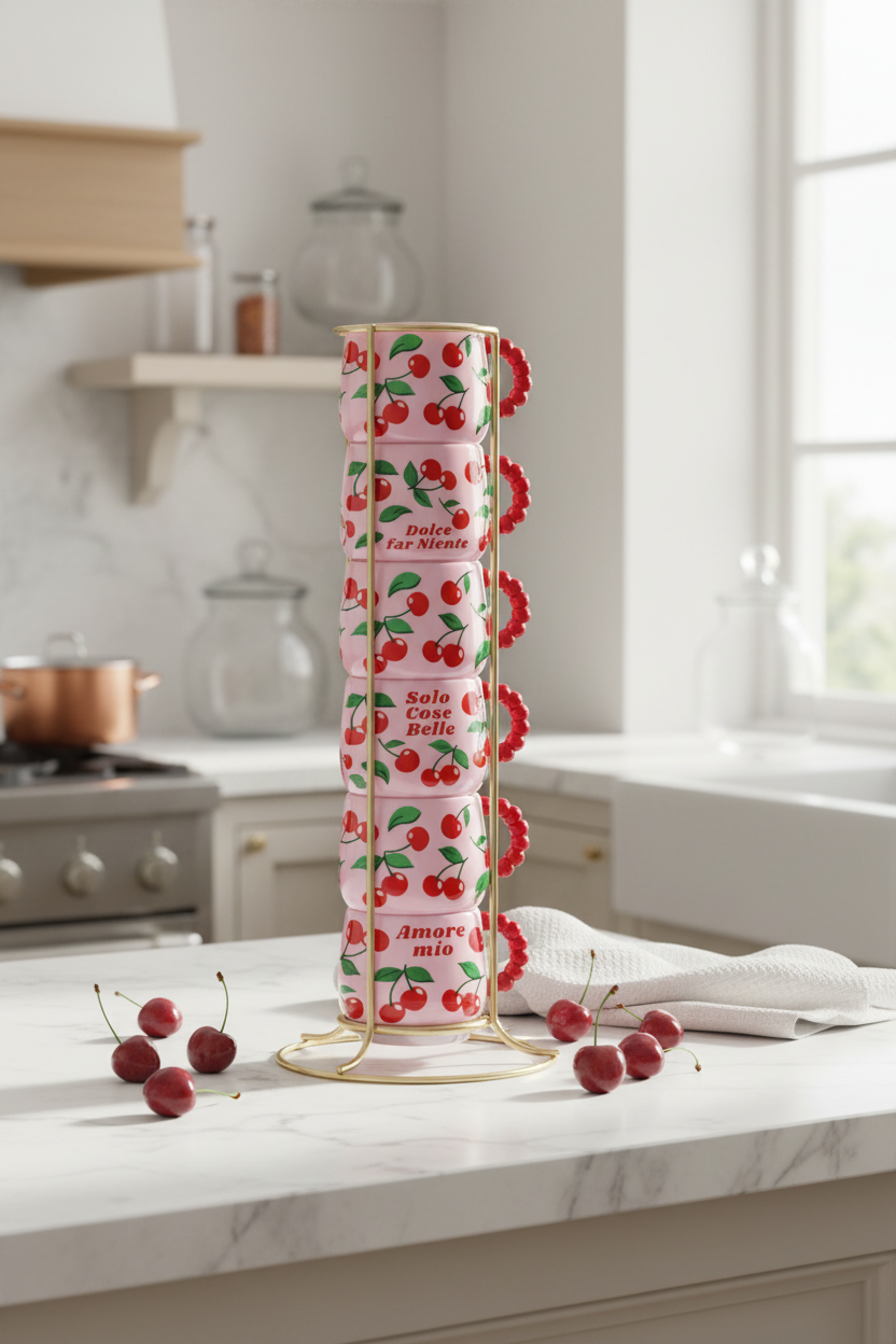 SET 6 TAZZINE CAFFE' BIALETTI IN PORCELLANA CON STAND CILIEGIE