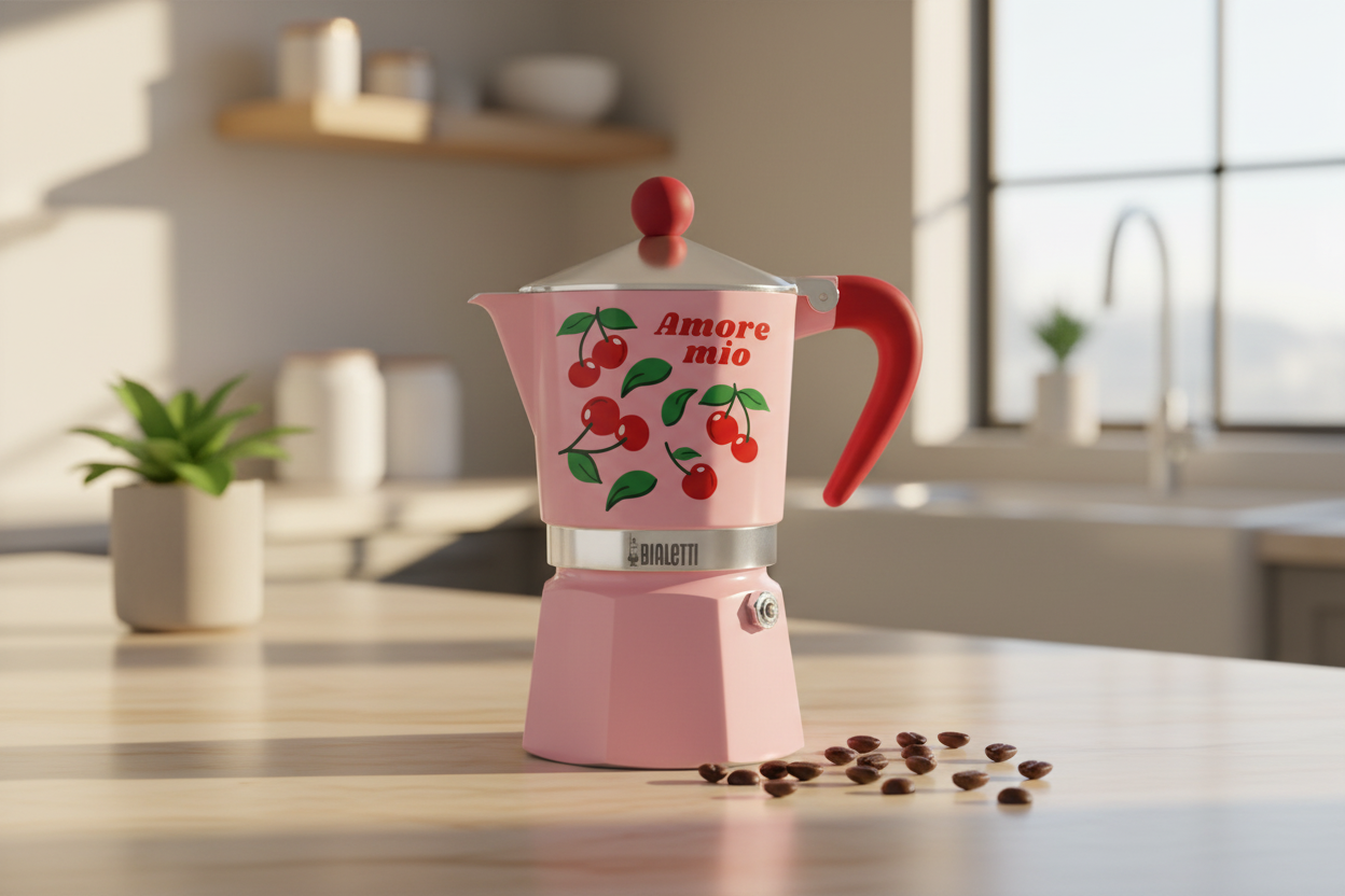 Moka rosa Bialetti Amore mio con ciliegie su piano cucina