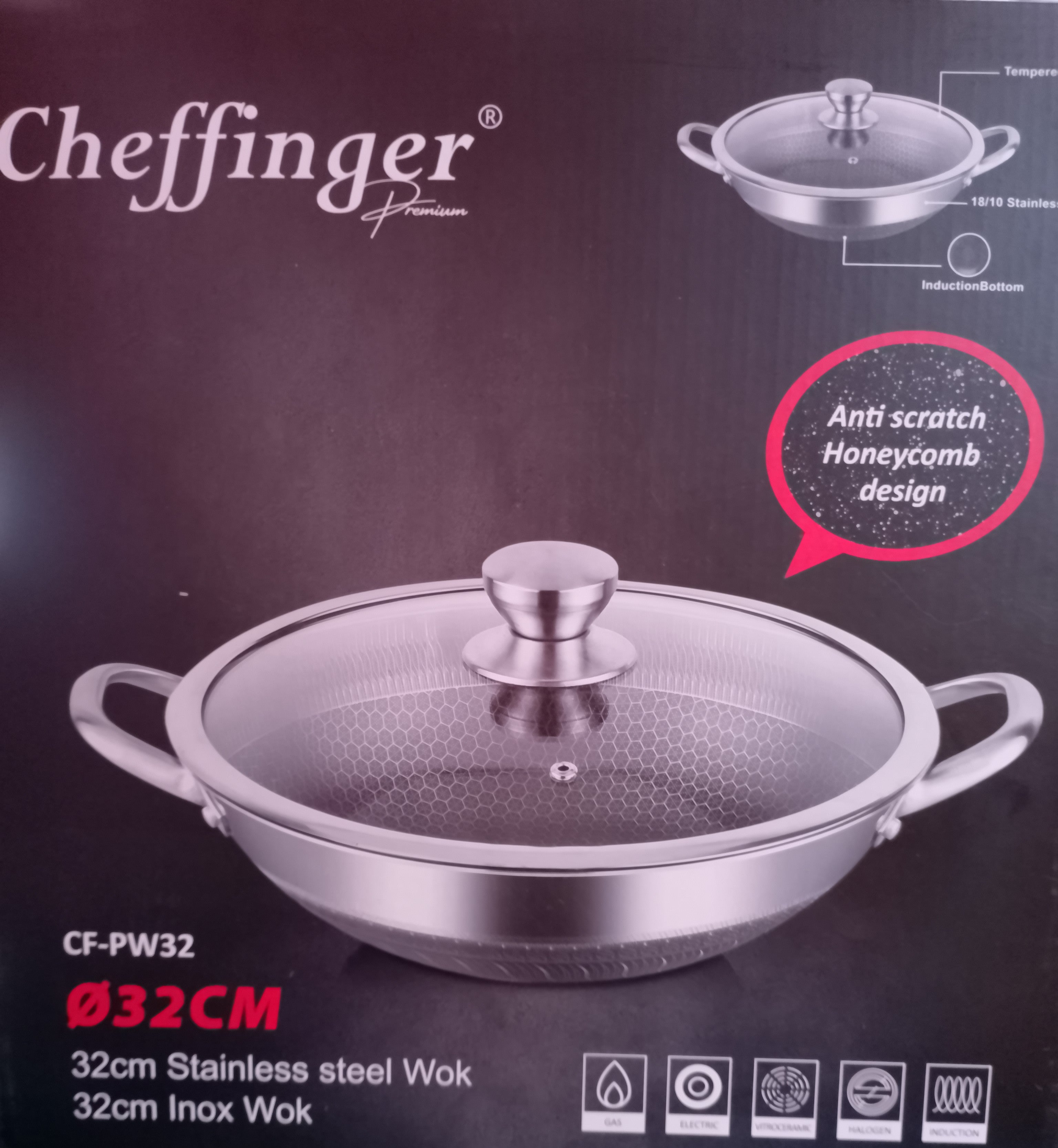 WOK CHEFFINGER INDUZIONE CM.32 antiaderente a nido d'ape con coperchio in vetro