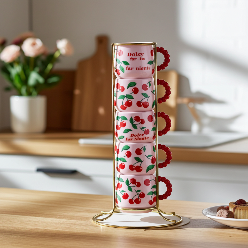 SET 6 TAZZINE CAFFE' BIALETTI IN PORCELLANA CON STAND CILIEGIE