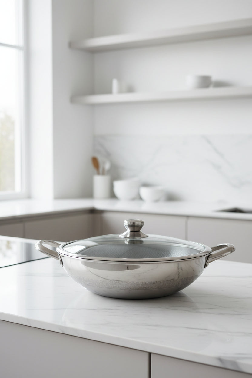 WOK CHEFFINGER INDUZIONE CM.32 antiaderente a nido d'ape con coperchio in vetro