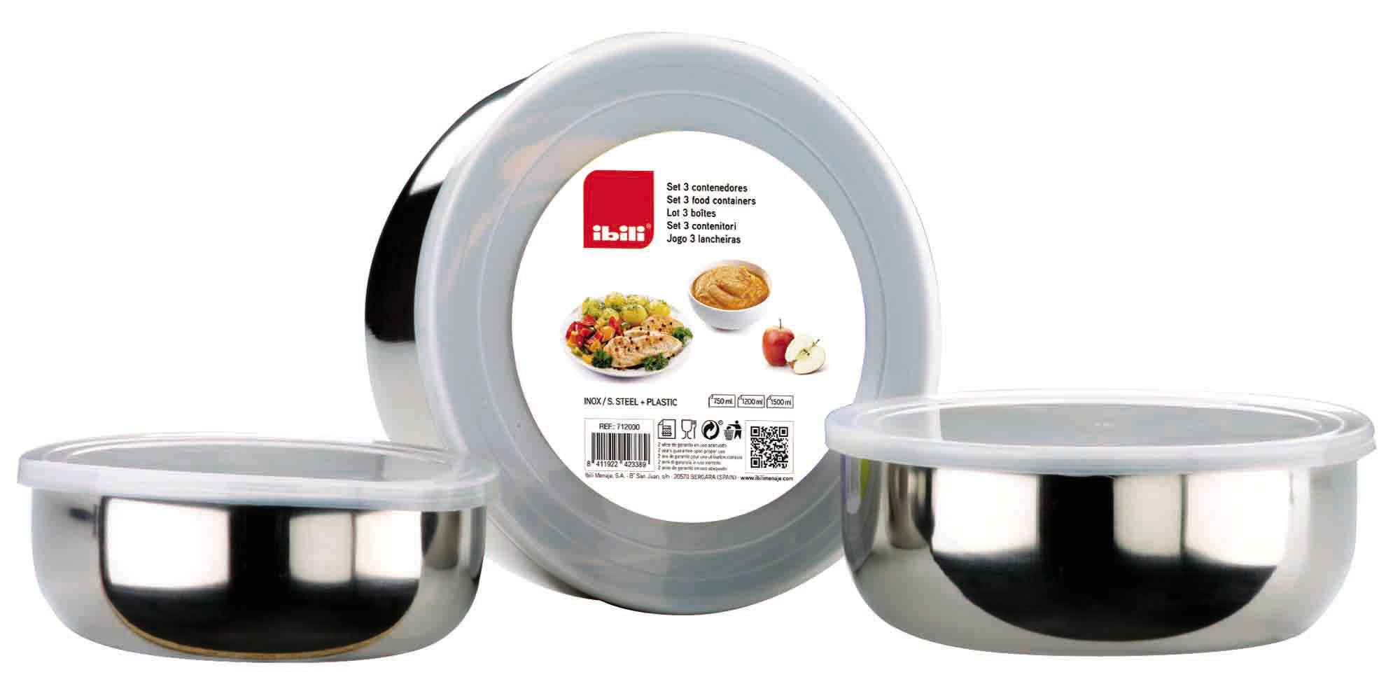Set of 3 Stainless Steel Containers 14+16+18 cm with Lid